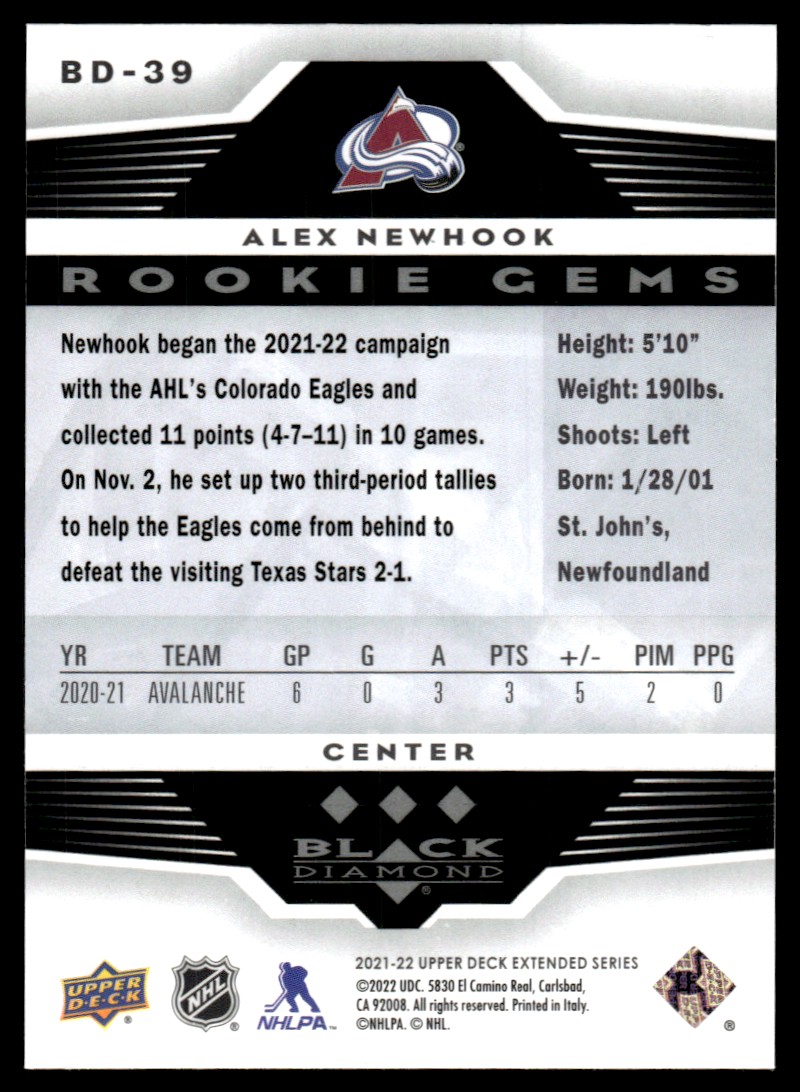 2021-22 Upper Deck 2005-06 Black Diamond Retro ! Alex Newhook #BD-39 card back image
