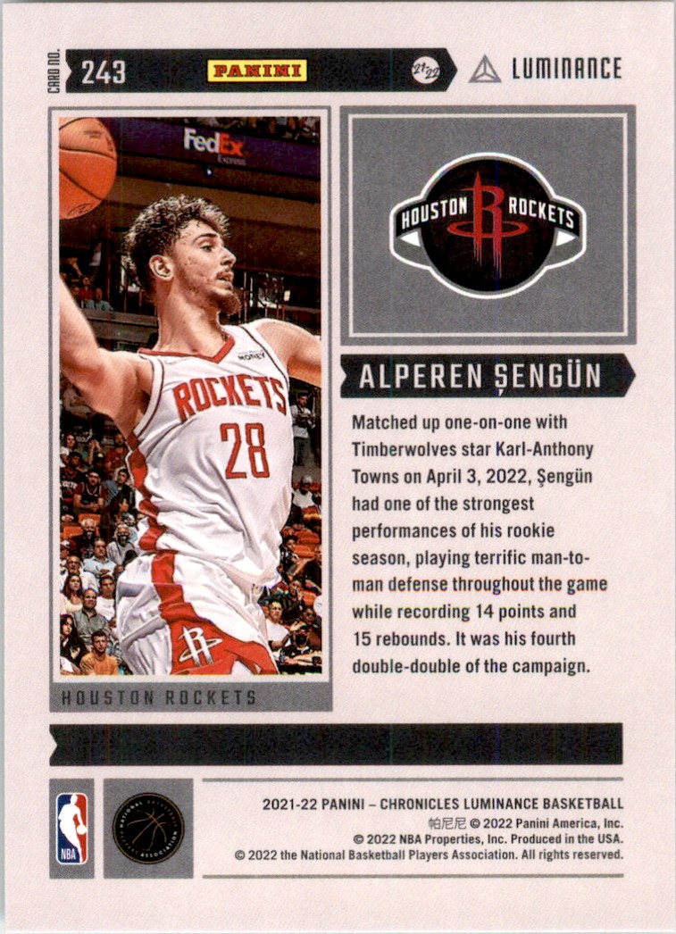 その他 PANINI CHRONICLES 2021-22 Panini Chronicles Luminance Alperen Sengun Rookie