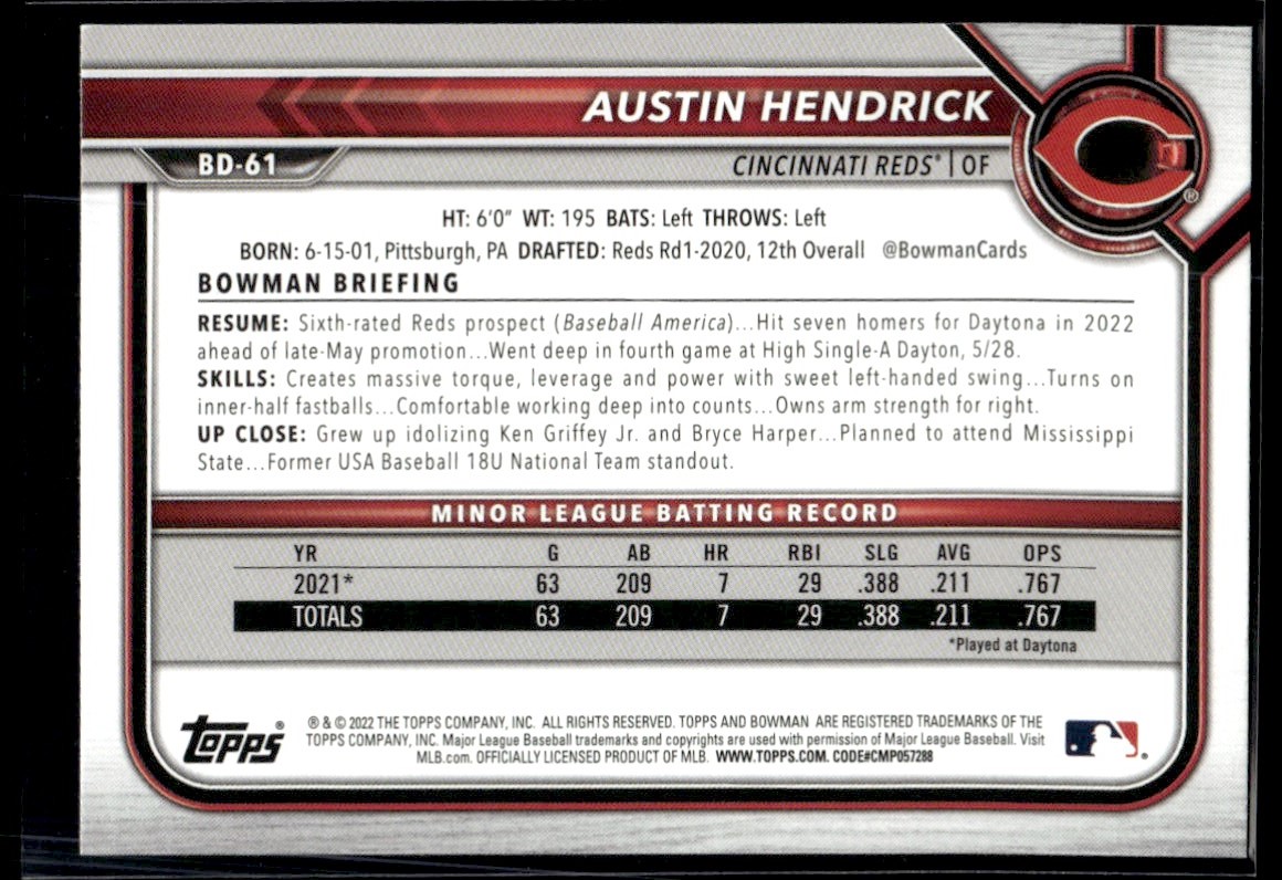 2022 Bowman Draft Baseball Austin Hendrick #BD-61 card back image