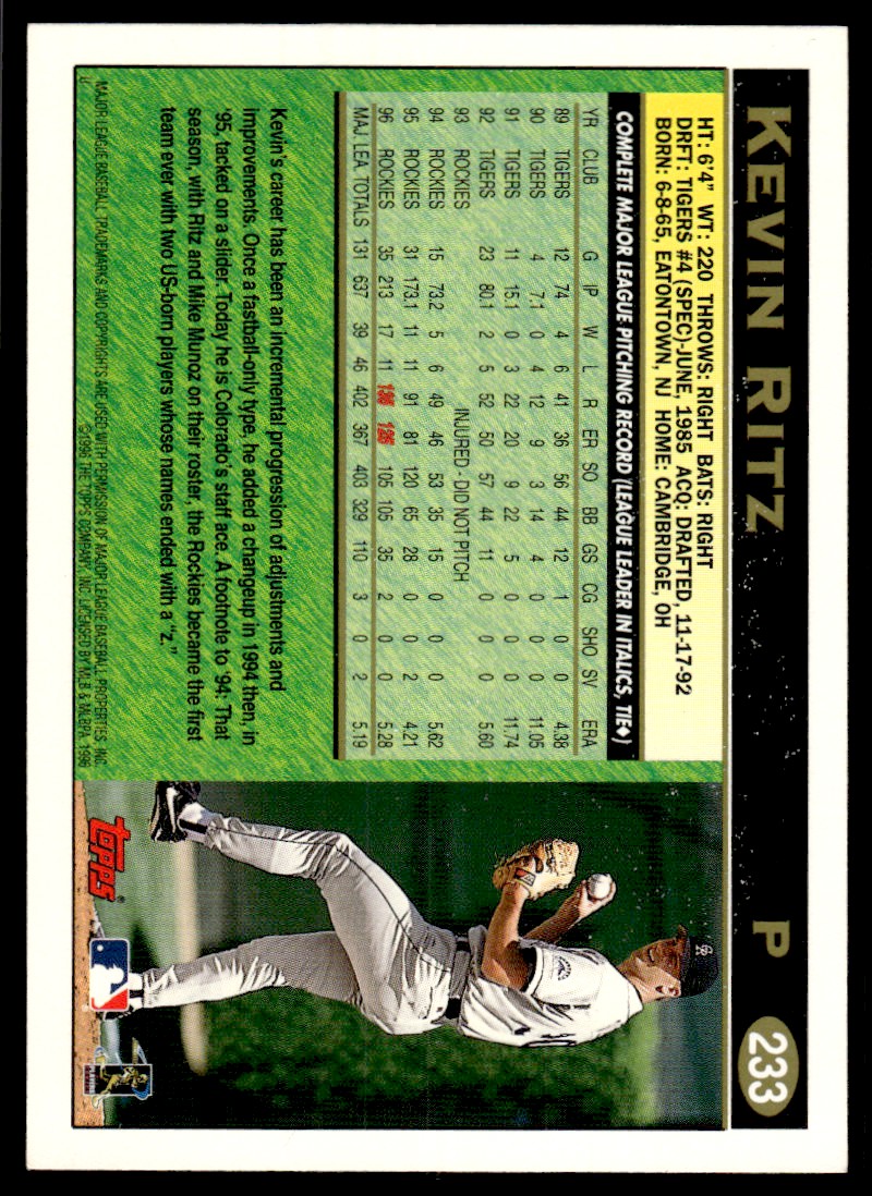 1997 Topps Baseball Card Kevin Ritz ertwe Colorado Rockies #233 | eBay