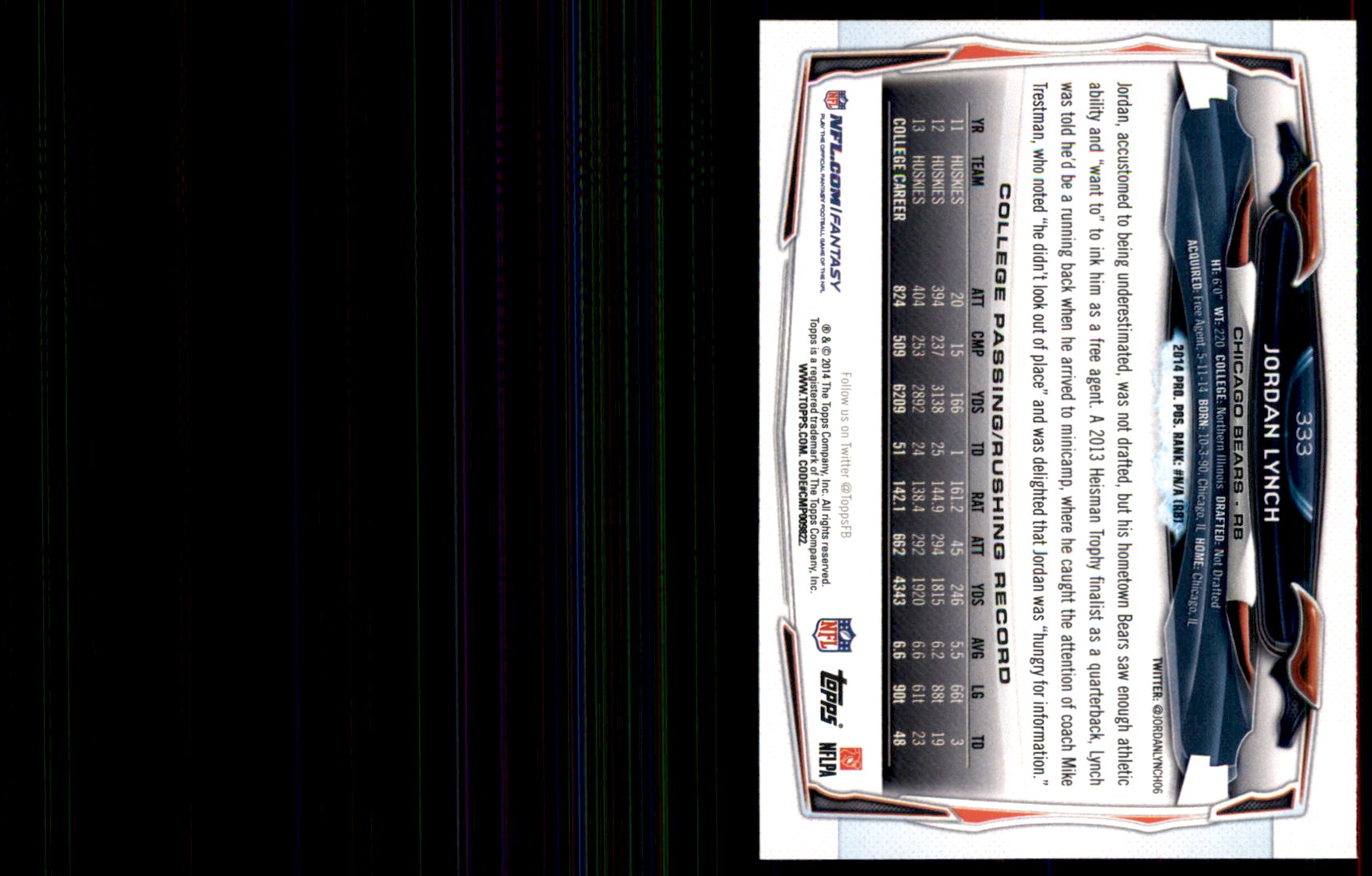 2014 Topps Jordan Lynch #333 card back image