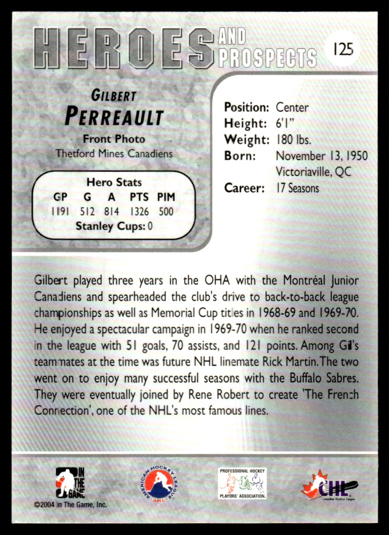 2004-05 In The Game Heroes and Prospects Gilbert Perreault #125 card back image