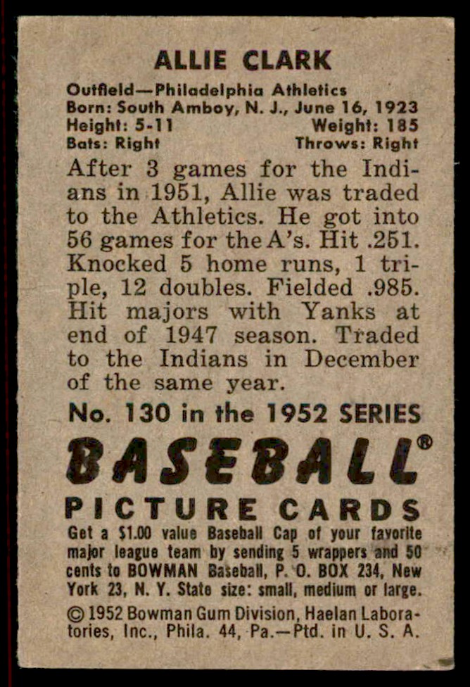1952 Bowman Allie Clark #130 card back image