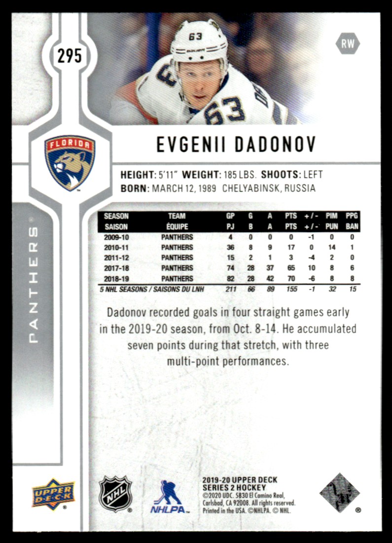 2019-20 Upper Deck Evgenii Dadonov #295 card back image