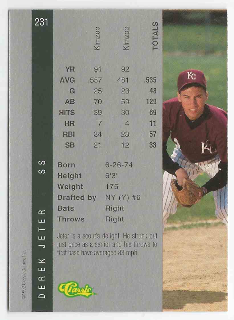 Lot - 1992 Classic 4 Sport #231 Derek Jeter Rookie Baseball Card