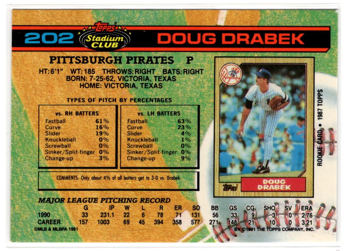 1991 Stadium Club Doug Drabek #202 card back image