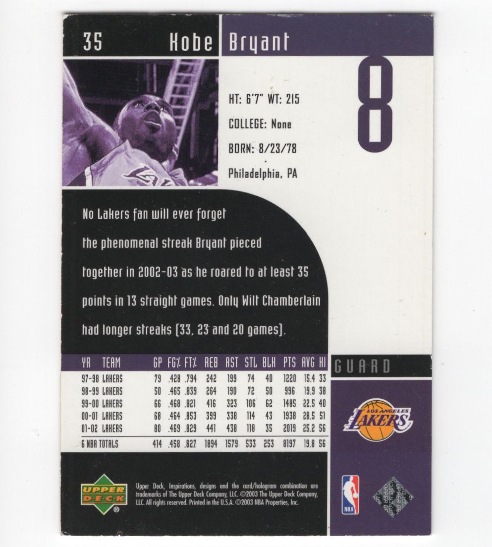 UD Inspirations Kobe Bryant カード Kobe Bryant 02.08.2024 - - - - VARIANTS - Refractor Alt Art (wings