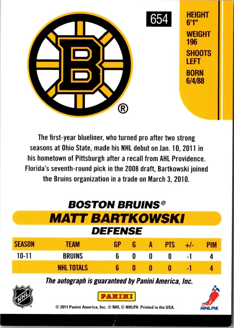 2010-11 Score Signatures Matt Bartkowski #654 card back image