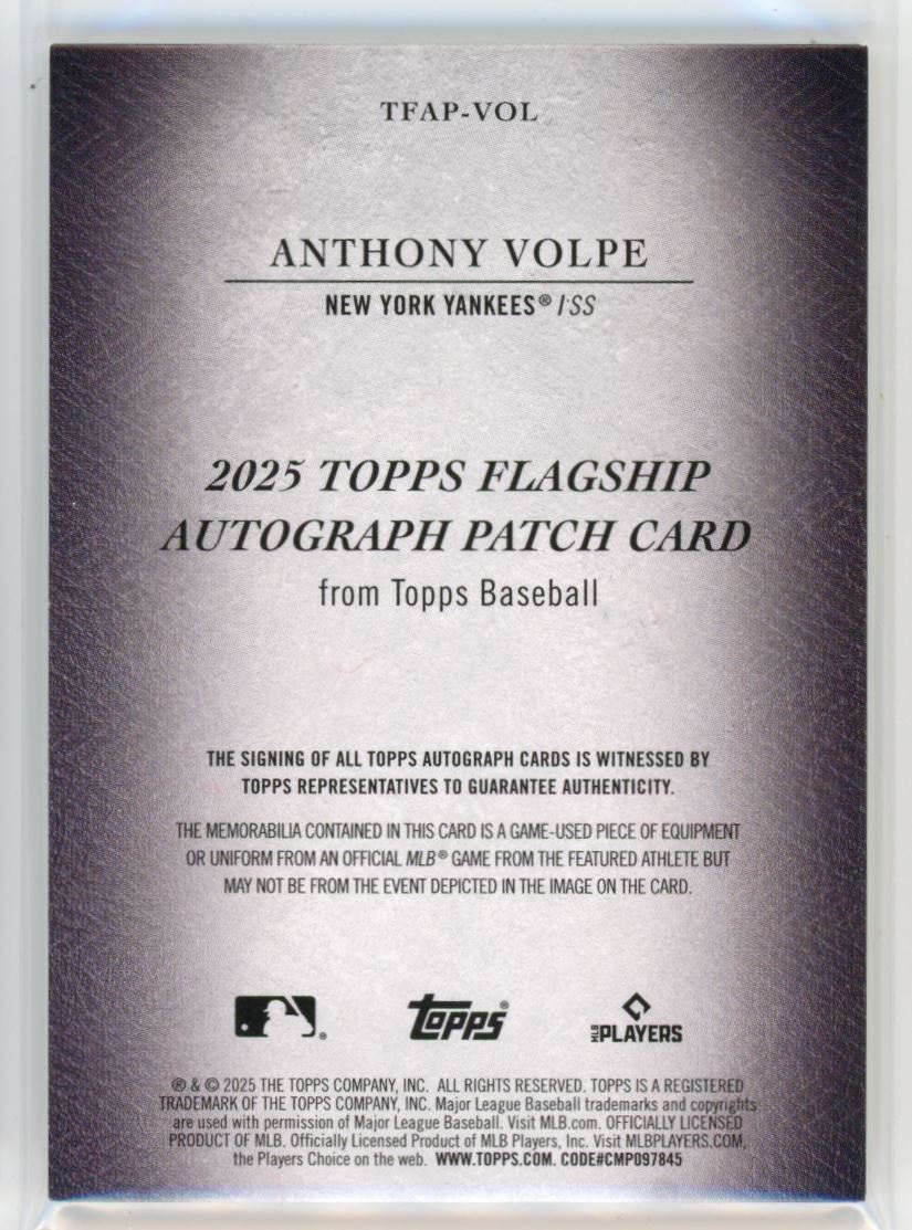2025 Topps Flagship Autograph Patch Anthony Volpe Auto 14/30 New