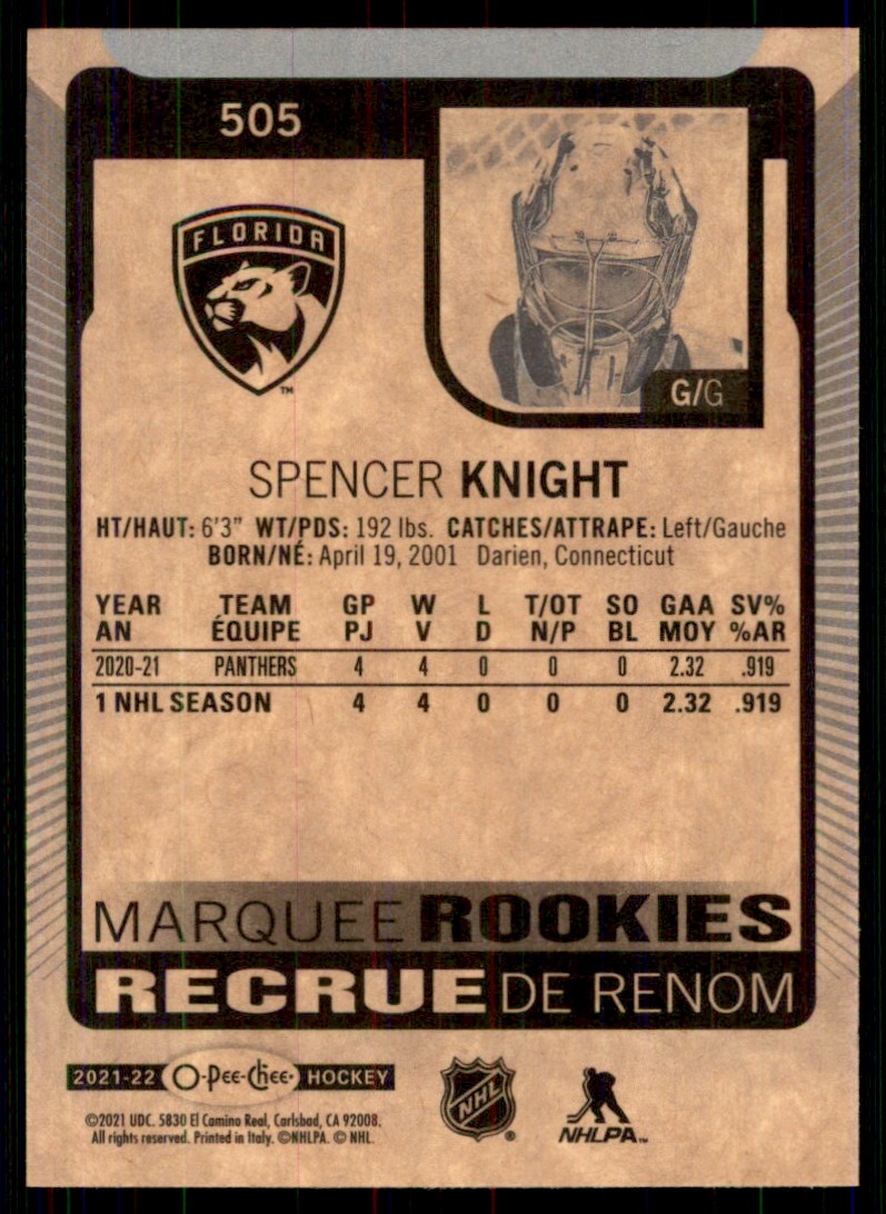 2021-22 O-Pee-Chee Spencer Knight #505 card back image