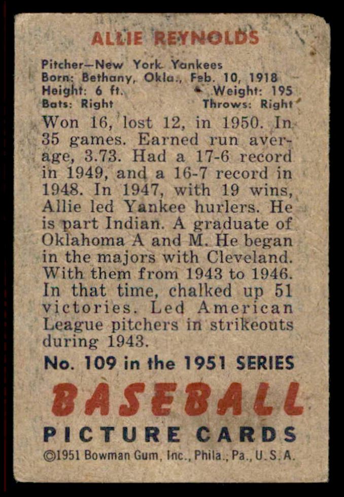 1951 Bowman Allie Reynolds #109 card back image