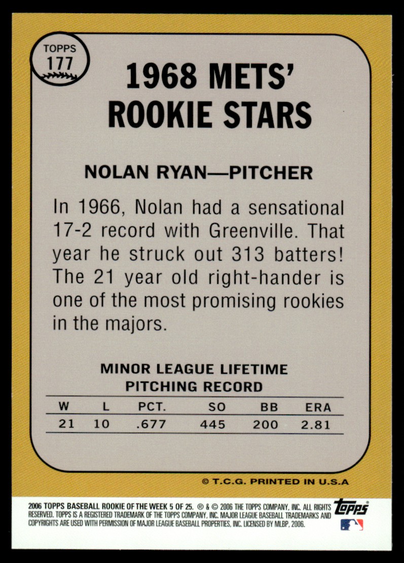 2006 Topps Rookie of the Week Nolan Ryan #5 card back image