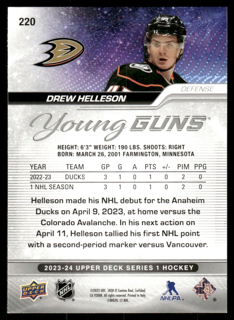 2023-24 Upper Deck YG Drew Helleson #220 card back image