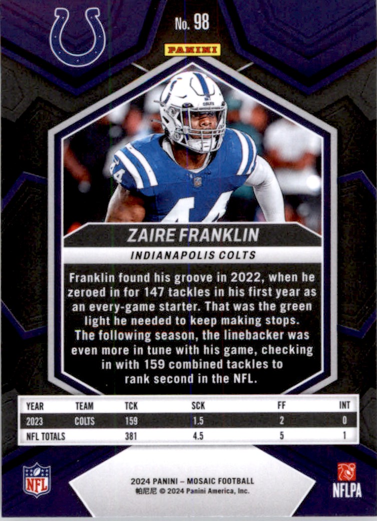 2024 Panini Mosaic Zaire Franklin #98 card back image