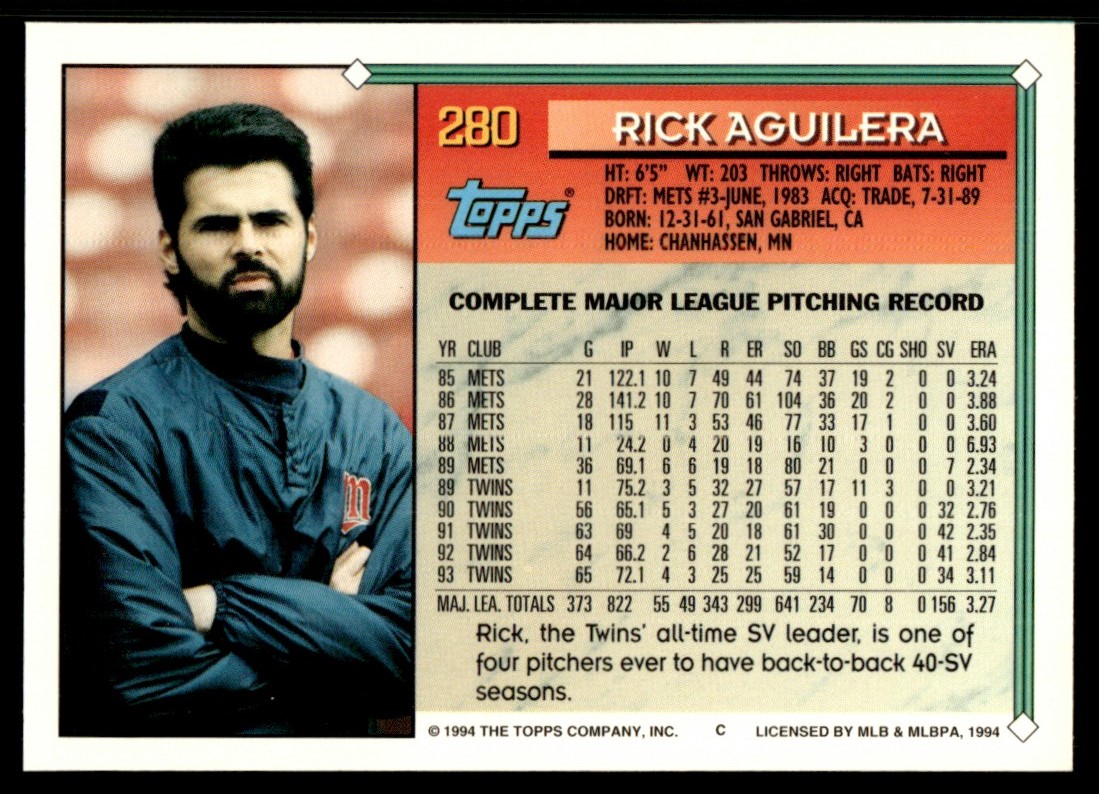 1994 Topps Rick Aguilera #280 card back image
