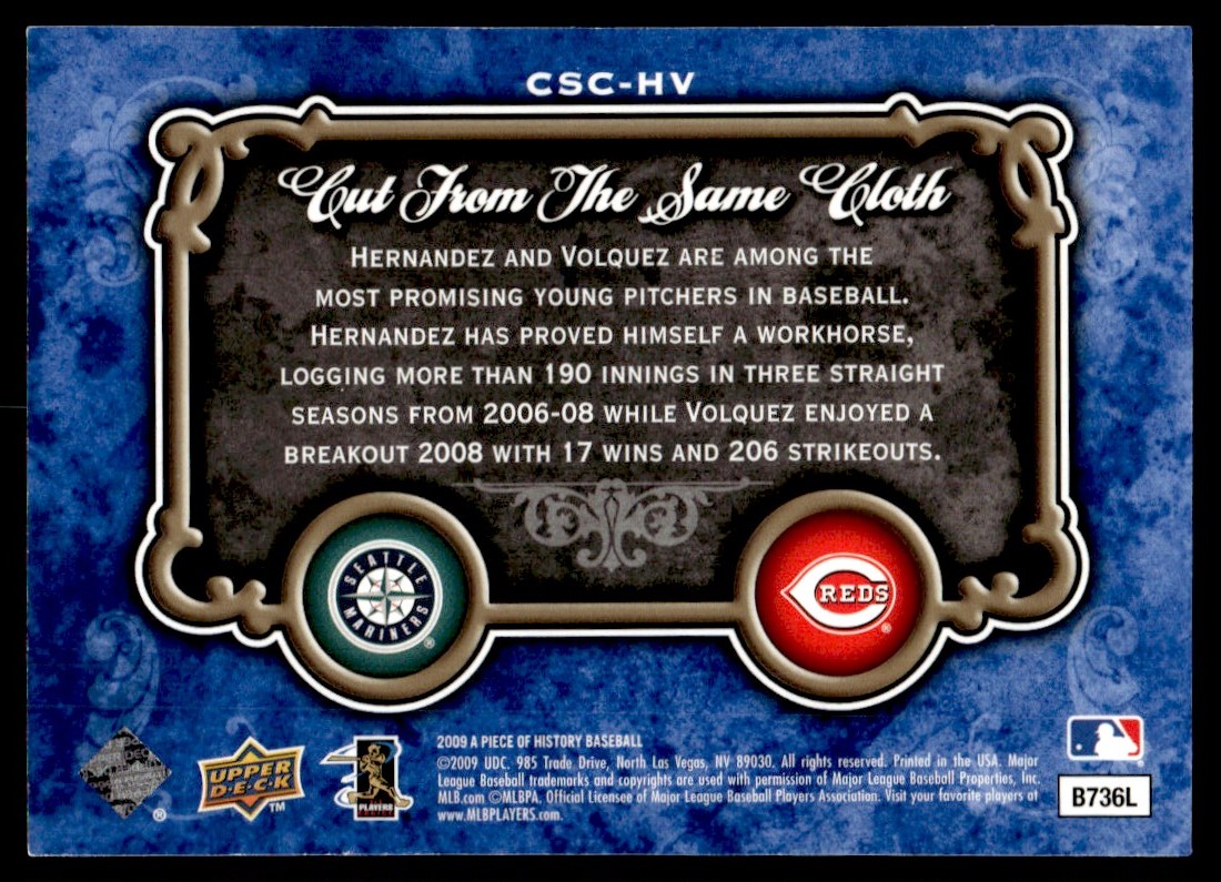 2009 Upper Deck A Piece of History Cut From The Same Cloth Felix Hernandez/Edinson Volquez #CSC-HV card back image