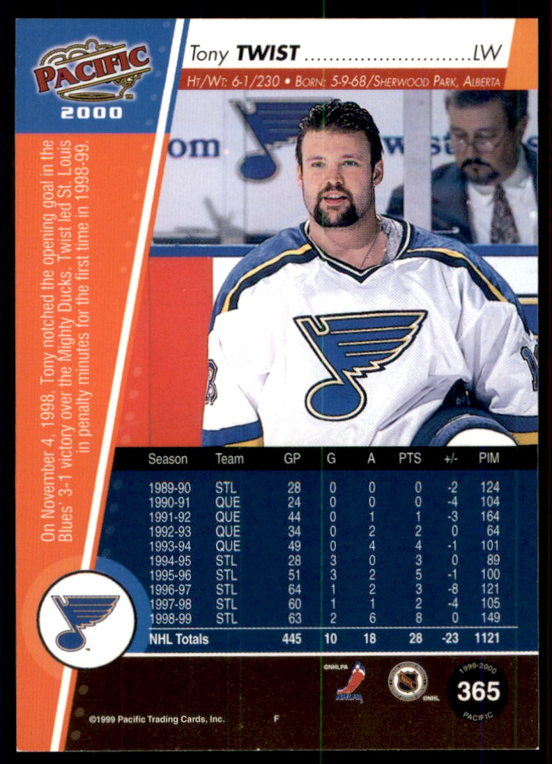 1999-00 Pacific Red Tony Twist #365 on Kronozio