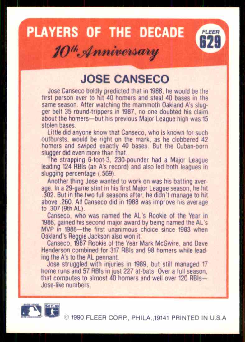 1990 Fleer Jose Canseco #629 card back image