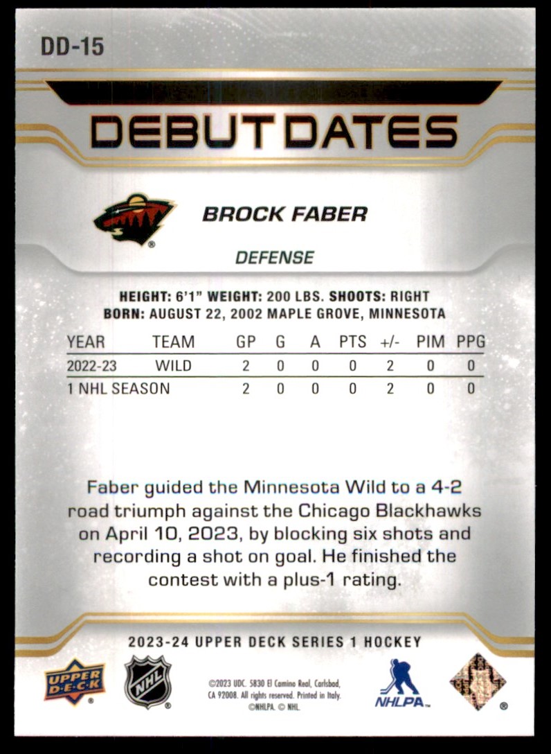 Brock Faber 2023-24 Upper Deck Series 1 Debut Dates RC #DD-15