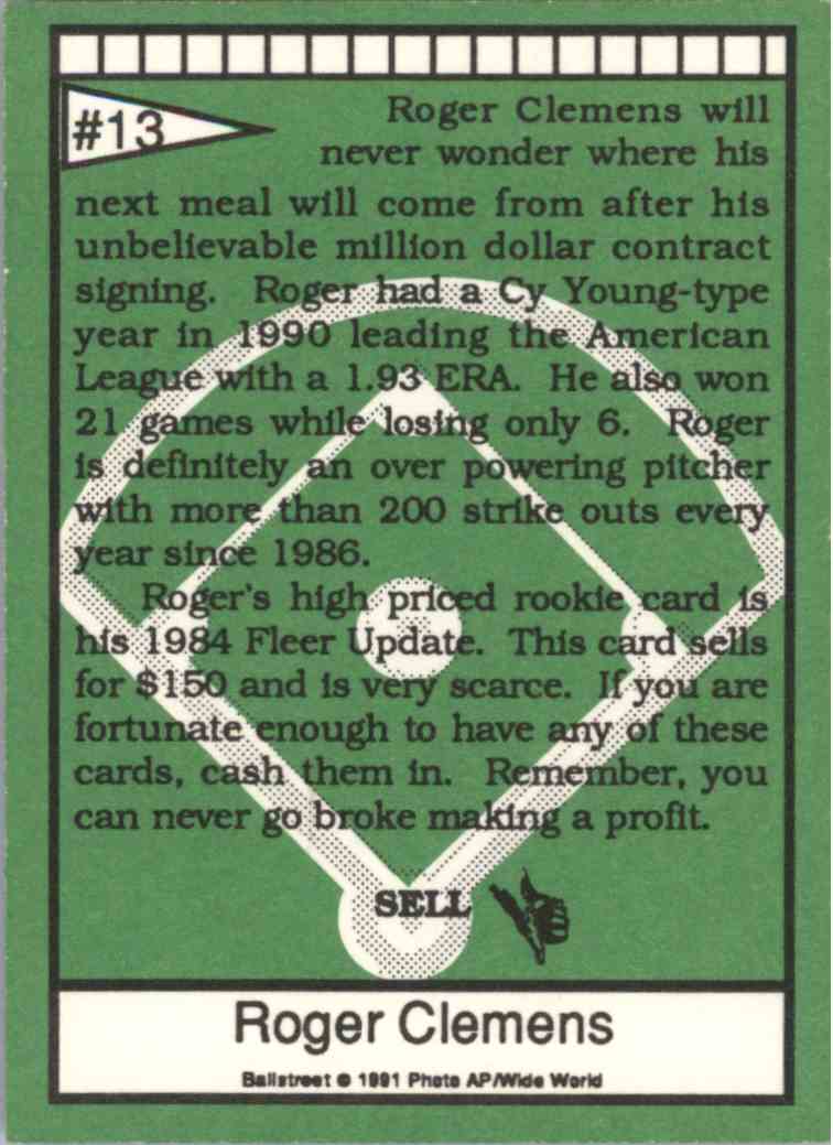 1991 Ballstreet Magazine Cards Roger Clemens #13 card back image