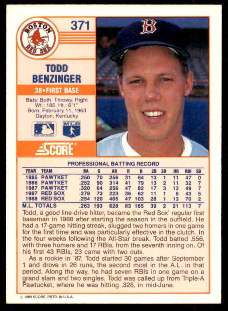 1989 Score Regular Todd Benzinger #371 card back image