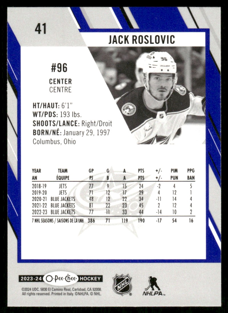 2023-24 O-Pee-Chee Blue Border Jack Roslovic #41 card back image