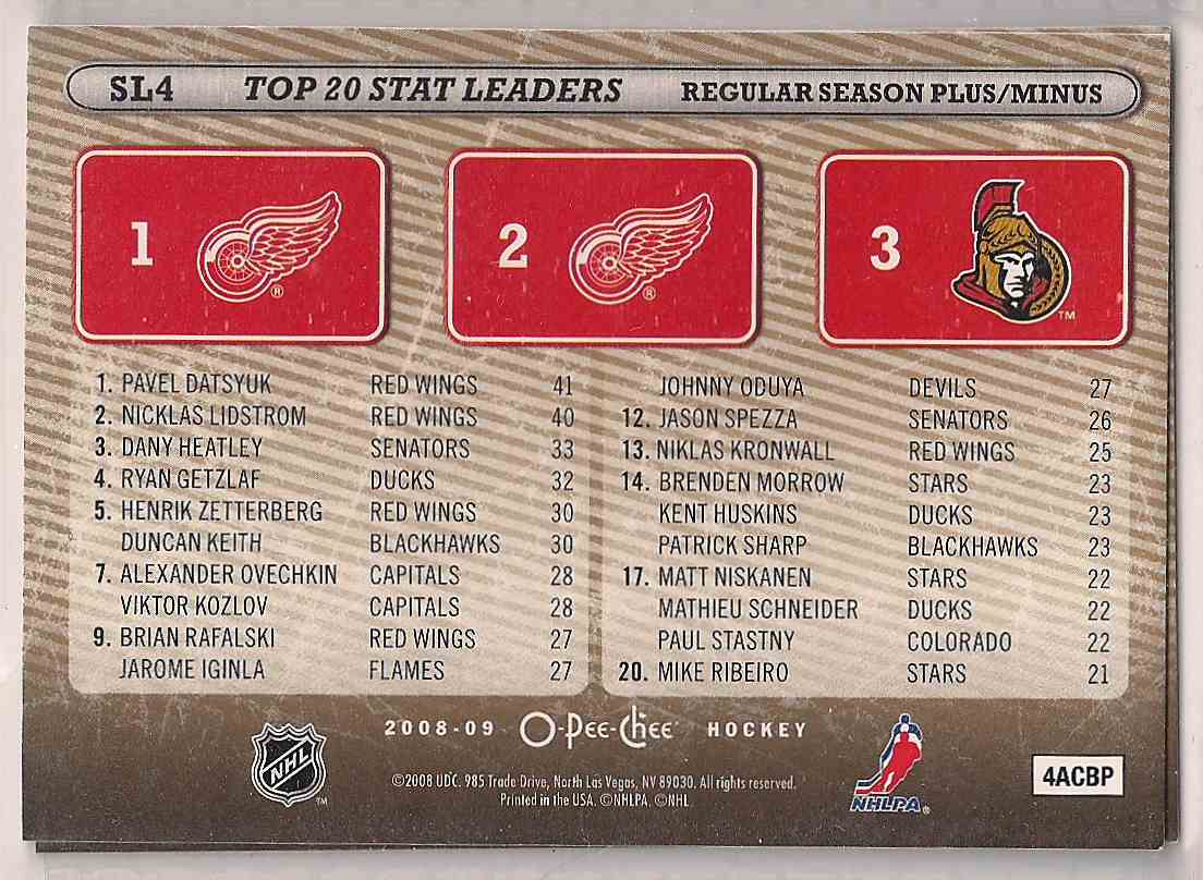 2008-09 O-Pee-Chee Stat Leaders Pavel Datsyuk Nicklas Lidstrom Dany Heatley #SL4 card back image