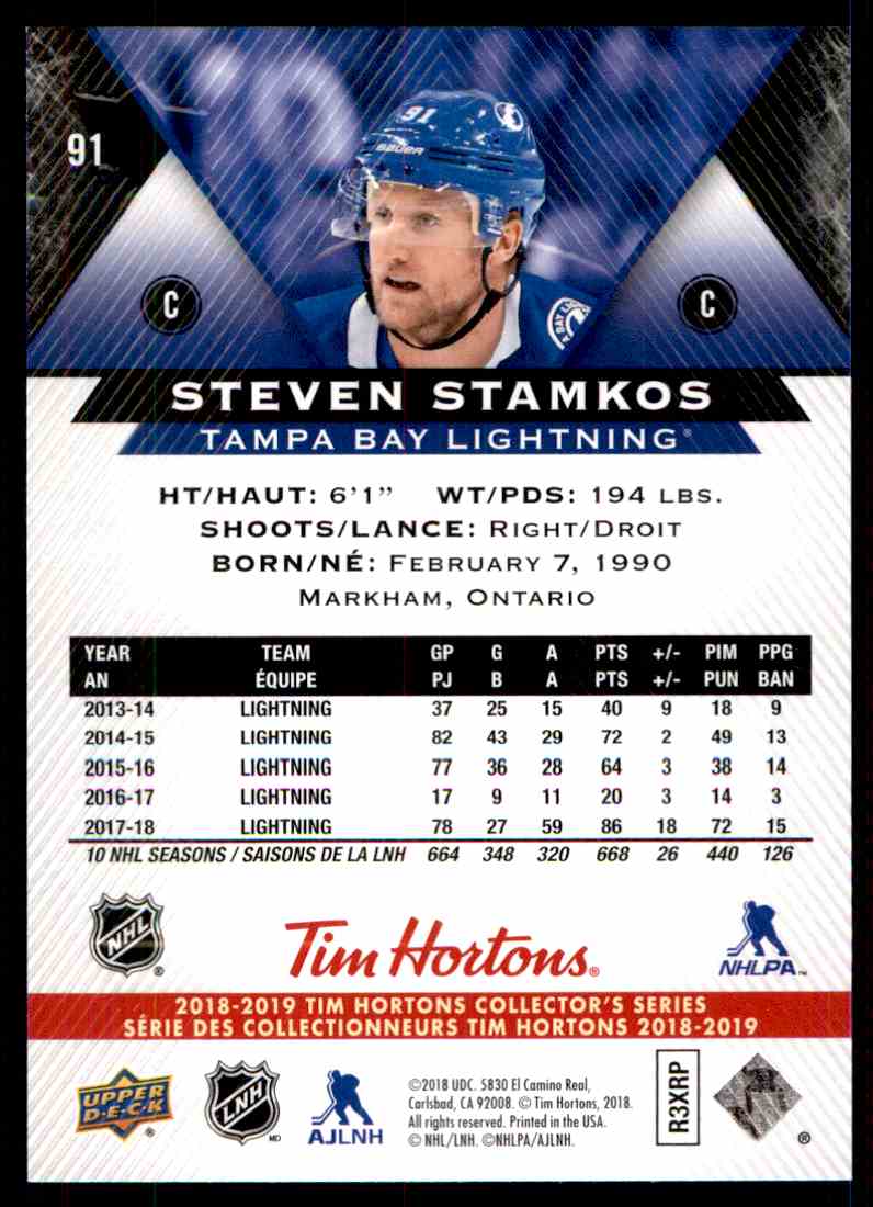 2018-19 Upper Deck Tim Hortons Steven Stamkos #91 card back image