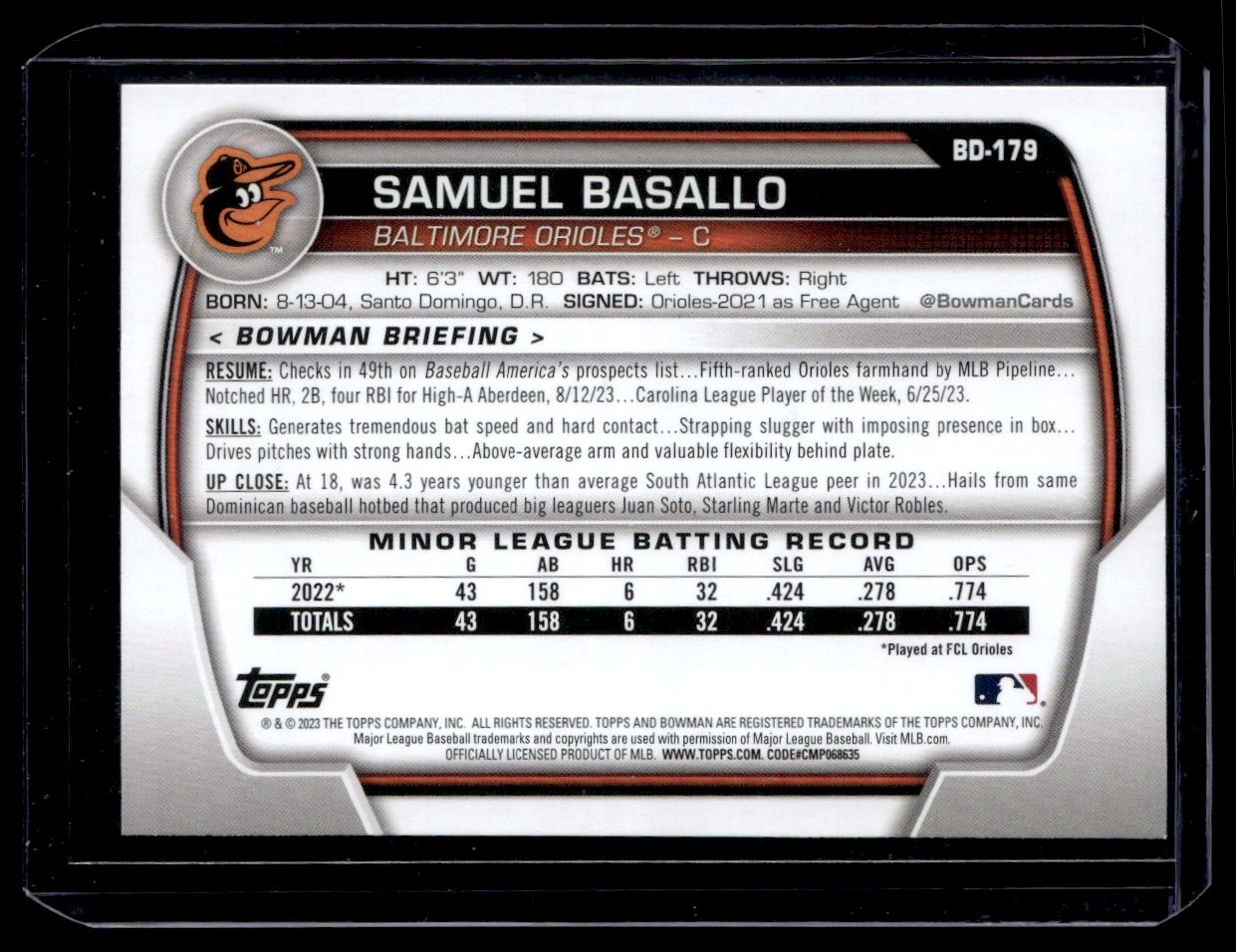 2023 Bowman Draft Aqua Pink Samuel Basallo #BD-179 card back image