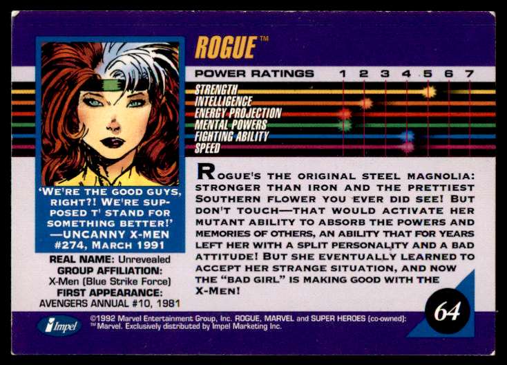 1992 Impel Marvel Universe Series 3 Super-Villains Rogue #64 card back image