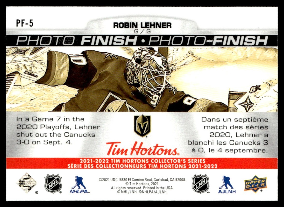 2021-22 Upper Deck Tim Hortons Photo Finish Robin Lehner #PF-5 card back image