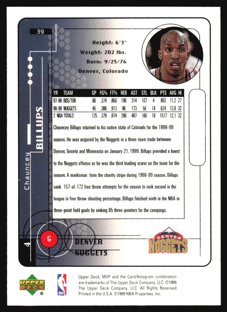 1999-00 Upper Deck MVP Silver Script Chauncey Billups #39 card back image
