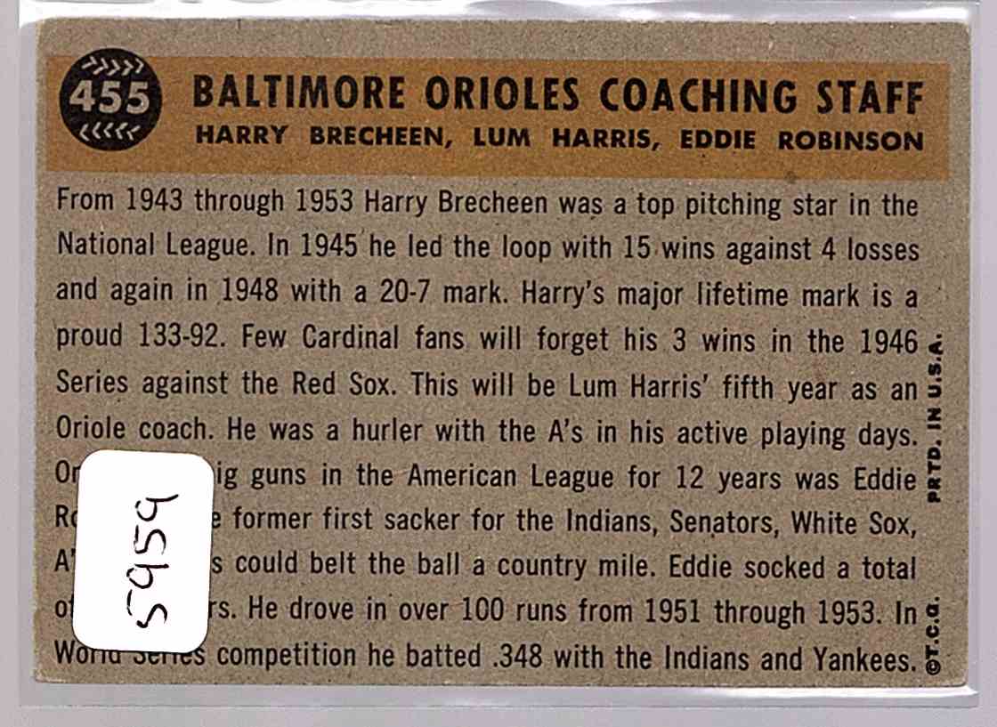 1960 Topps Baltimore Coaches/Eddie Robinson/Harry Brecheen/Luman Harris #455 card back image