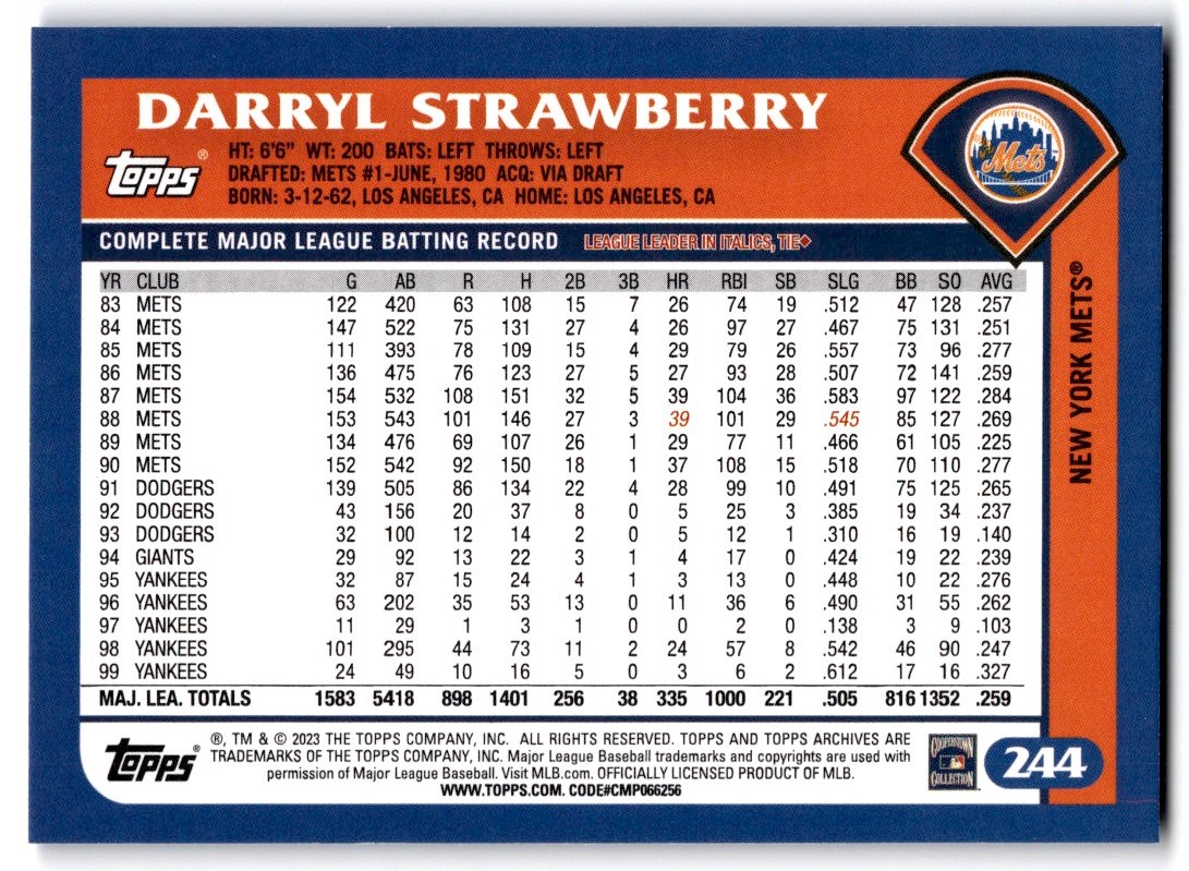 2023 Topps Archives Darryl Strawberry New York Mets #244 | eBay