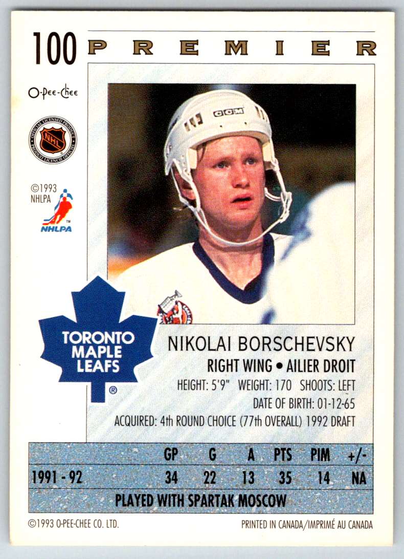 1992-93 O-Pee-Chee Premier Nikolai Borschevsky #100 card back image