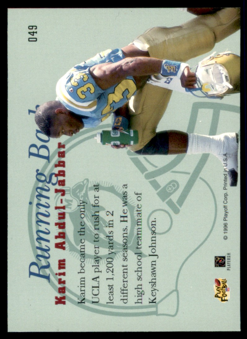 1996 Playoff Prime Karim Abdul-Jabbar #D49 card back image