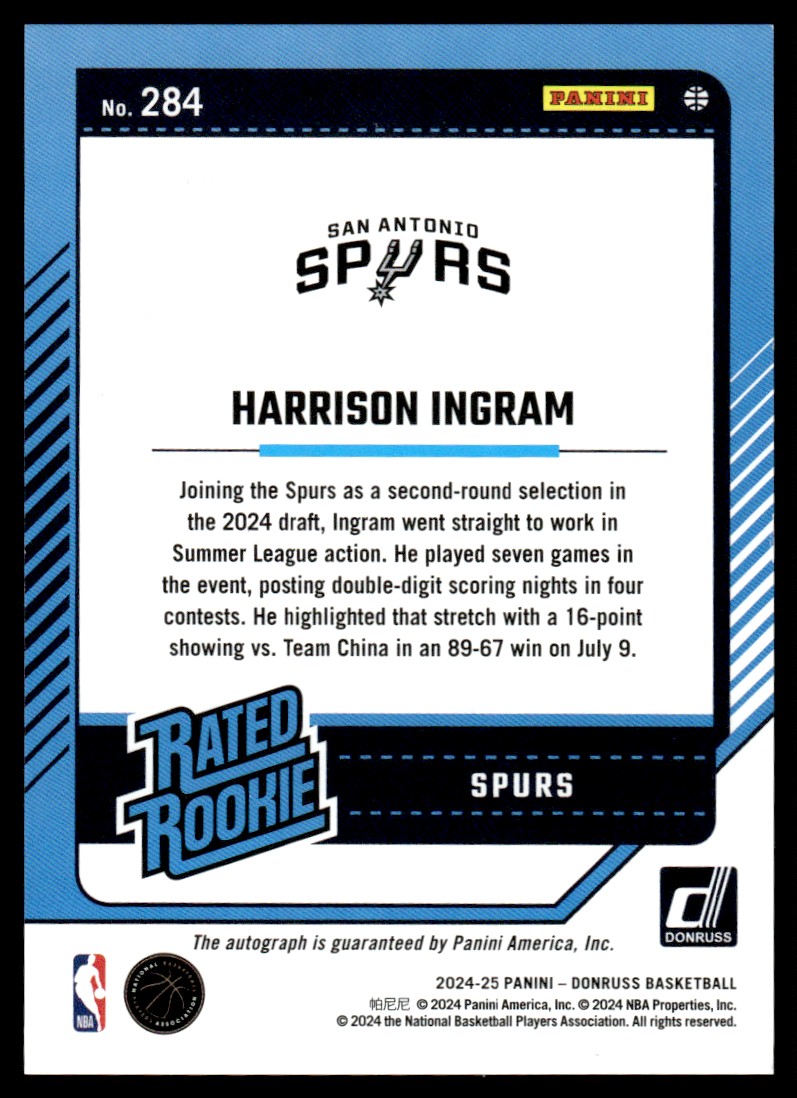 2024-25 Panini Donruss Rated Rookies Signatures Harrison Ingram #284 card back image