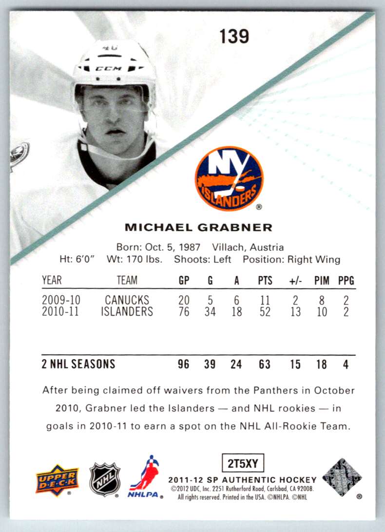 2011-12 SP Authentic Michael Grabner #139 card back image