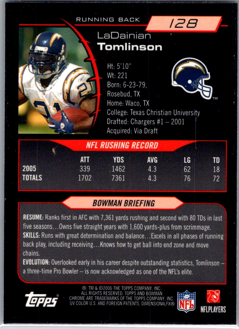 2006 Bowman Chrome Black LaDainian Tomlinson #128 card back image