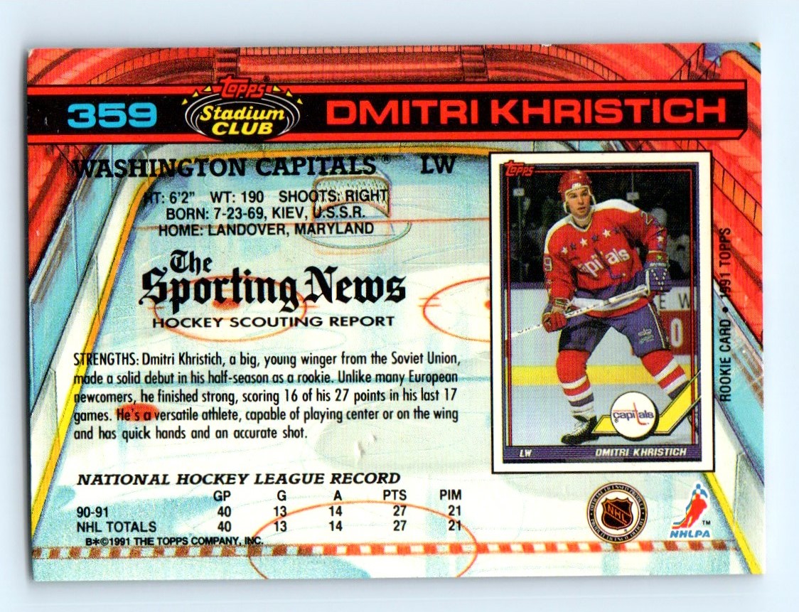 1991-92 TOPPS STADIUM CLUB DMITRI KHRISTICH #359 card back image