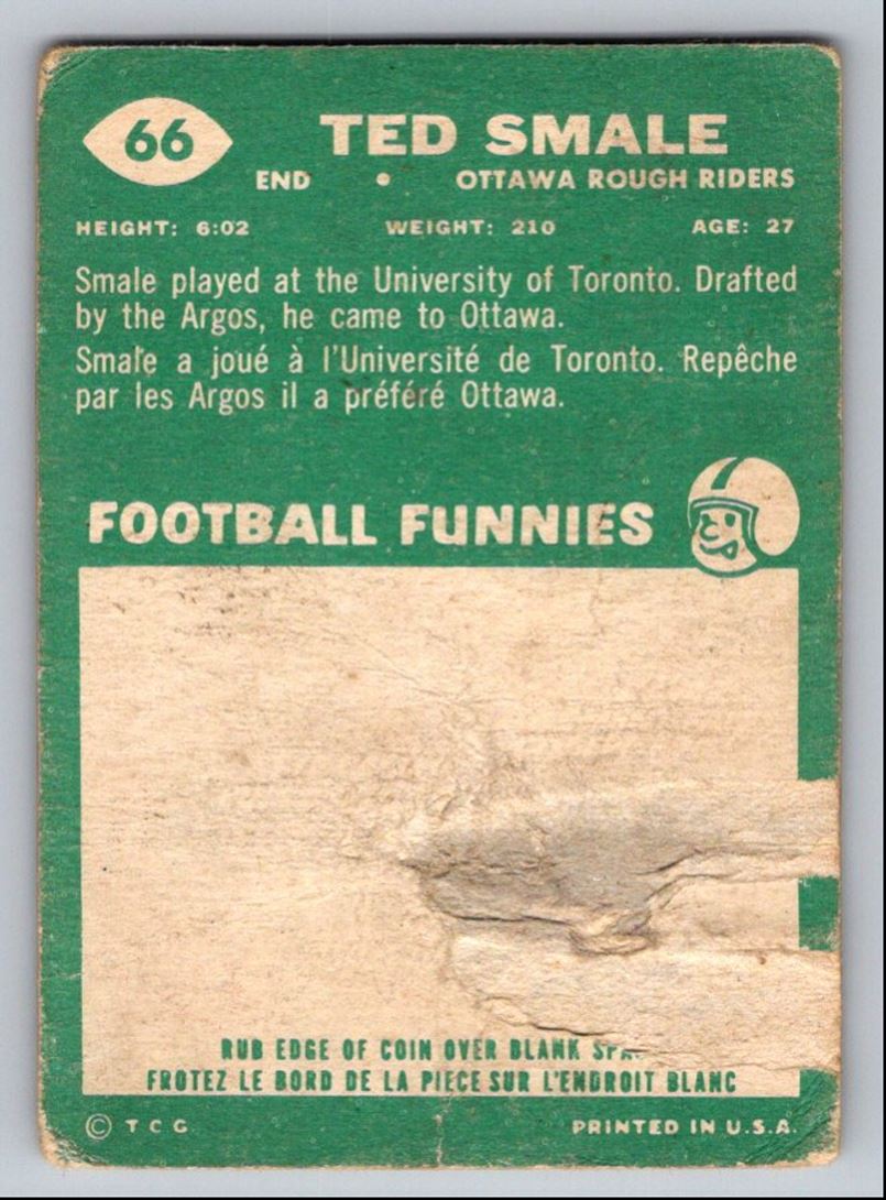 1960 Topps CFL Football Ted Smale #66 card back image