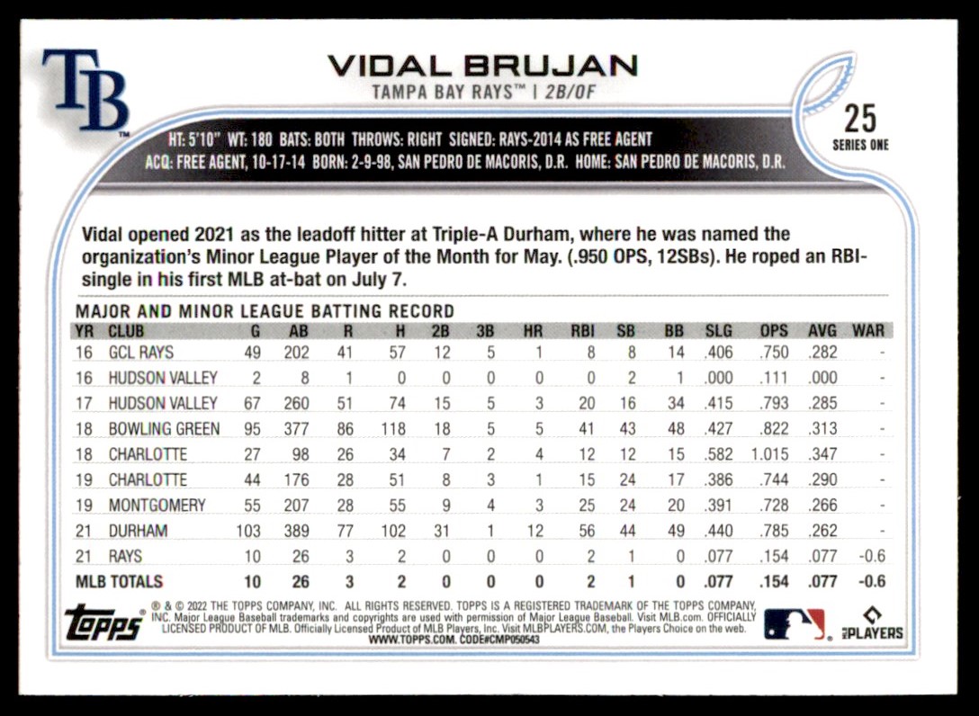 Vidal Brujan 2022 Topps Series 1 Rookie Card RC #25 Tampa