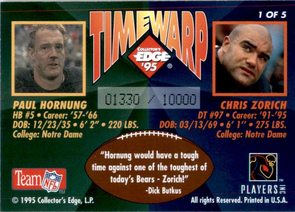 1995 Collector's Edge TimeWarp Sunday Ticket Football Cards Paul Hornung/Chris Zorich #1 card back image