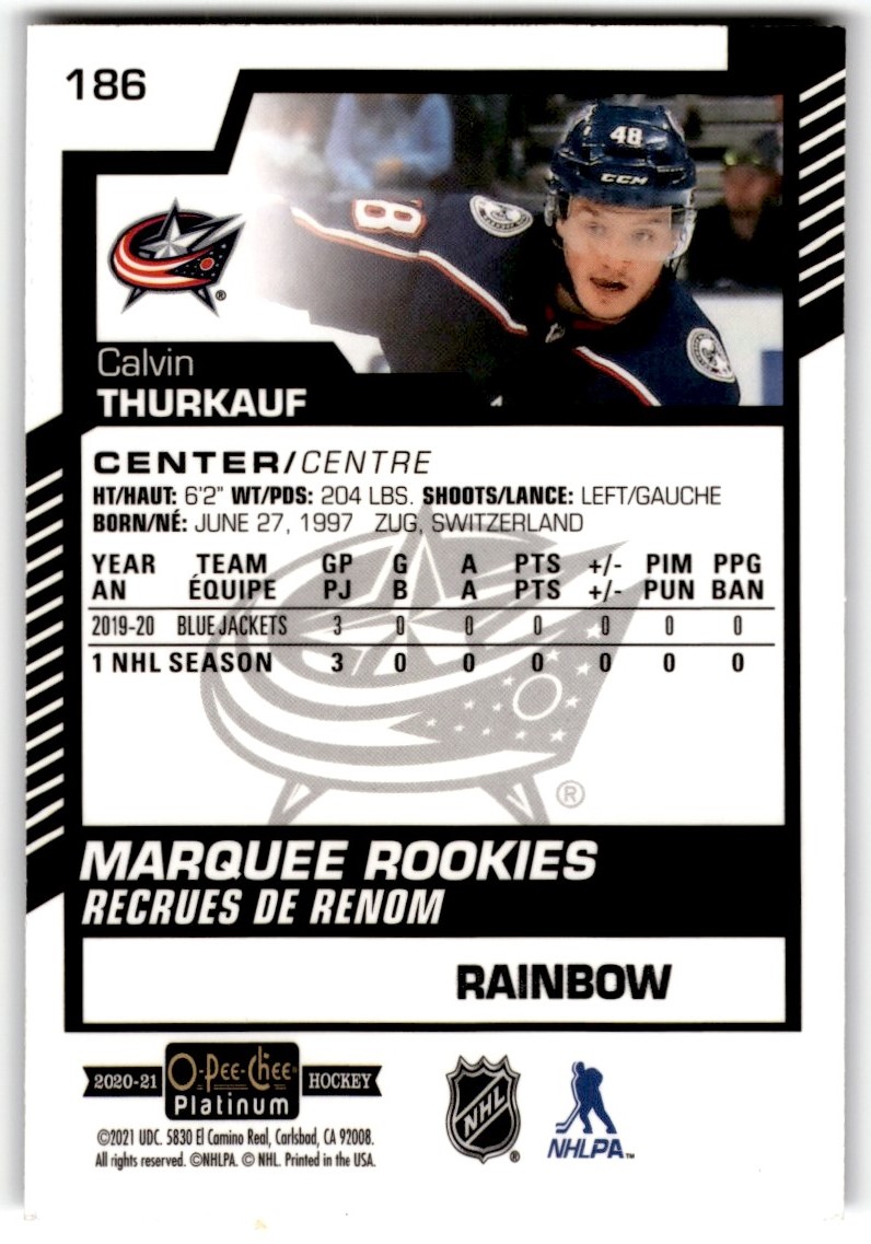 2020-21 O-Pee-Chee Platinum Rainbow Calvin Thurkauf #186 card back image