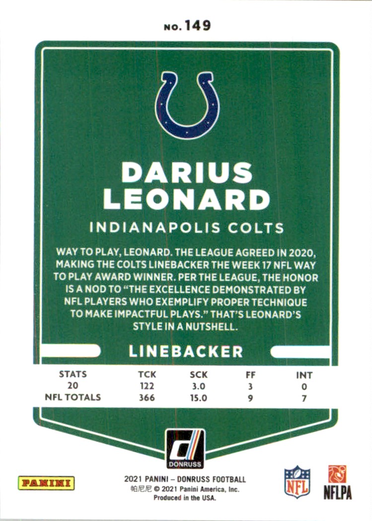2021 Panini NFL Gold Holo Colts Darius Leonard #149 card back image
