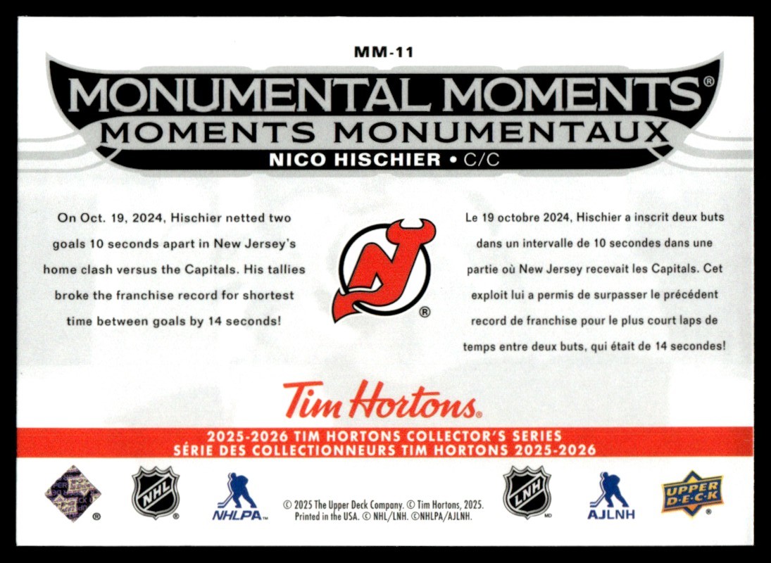 2025-26 Upper Deck Tim Hortons Monumental Moments Nico Hischier