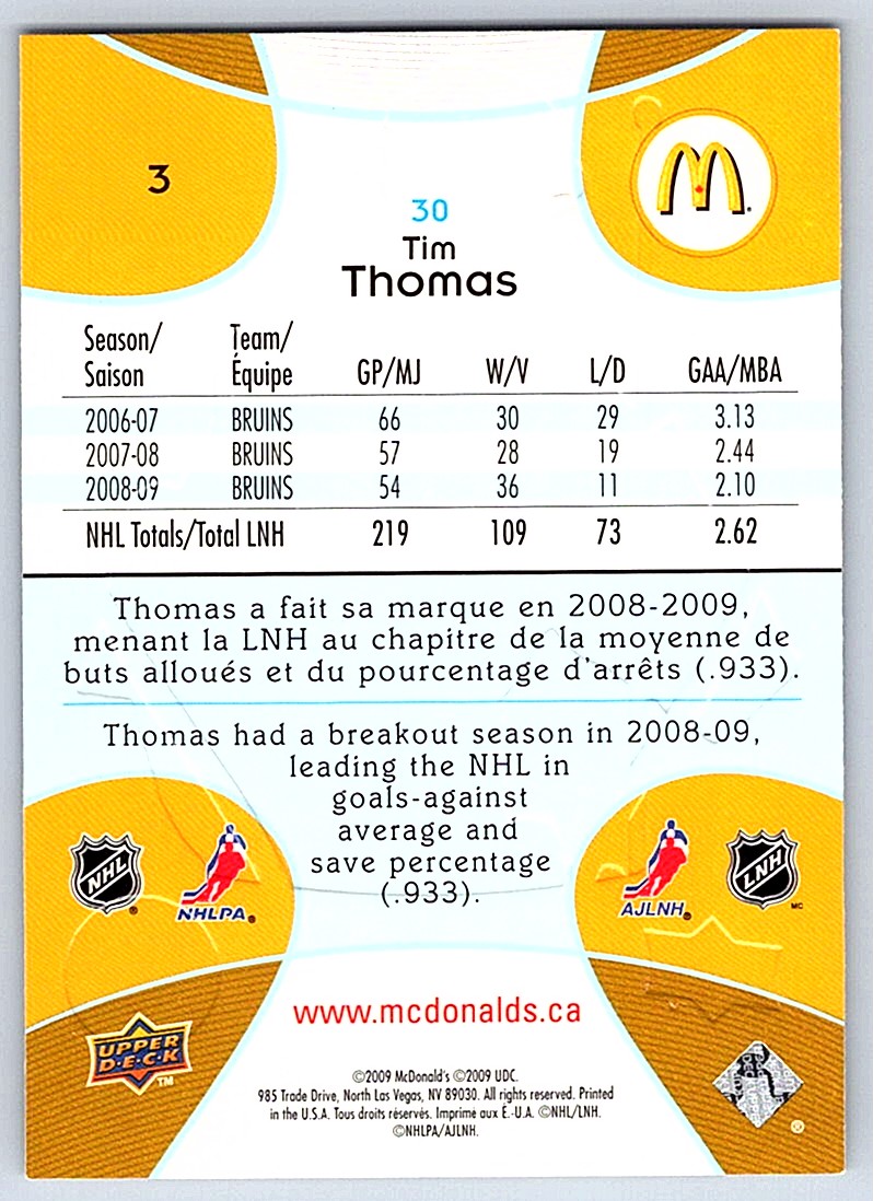 2009-10 Upper Deck McDonald's Tim Thomas #3 card back image