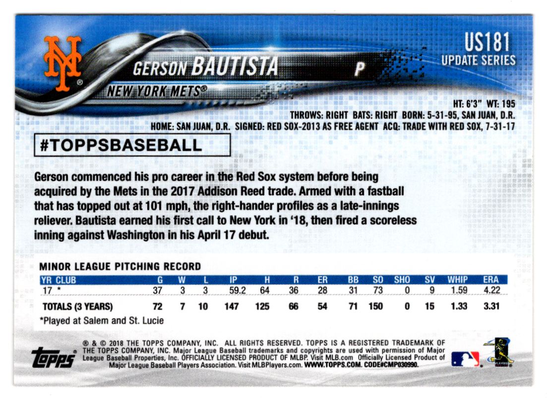 2018 Topps Update Gerson Bautista #US181 card back image