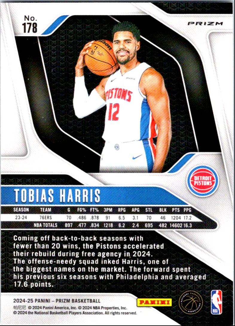 2024-25 Panini Prizm Prizms Silver Tobias Harris #178 card back image