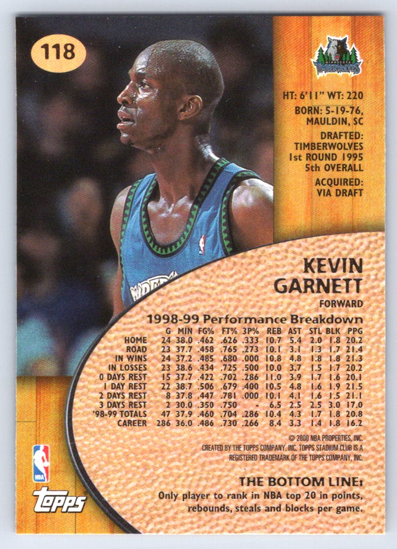 2000-01 Topps Stadium Club Kevin Garnett #118 card back image
